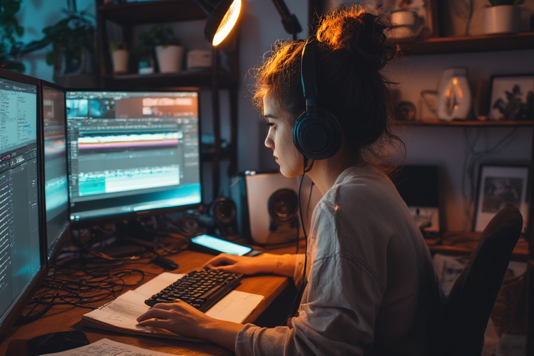 Person wearing headphones sits at a desk with multiple computer monitors displaying video editing software. The workspace is warmly lit with a desk lamp, surrounded by shelves holding plants, books, and decorative items, creating a cozy and focused home office atmosphere. The scene conveys concentration and creativity during content creation.