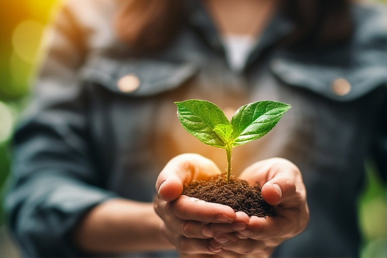 Hands gently holding a small green plant sprouting from rich soil, symbolizing growth and nurturing in a hopeful and optimistic outdoor setting with soft sunlight in the background